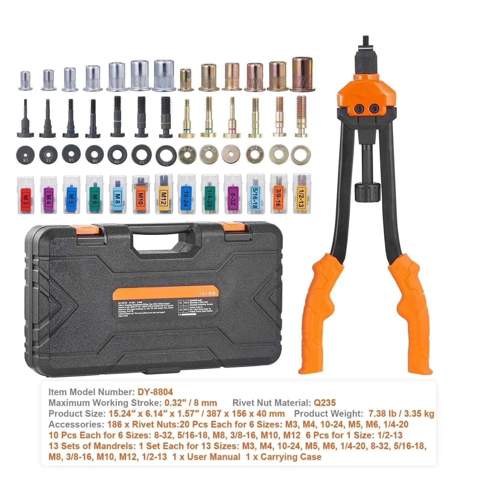 Rivet Nut Tool Kit with Metric & SAE Mandrels and Case Set-16in 186pcs None / United States