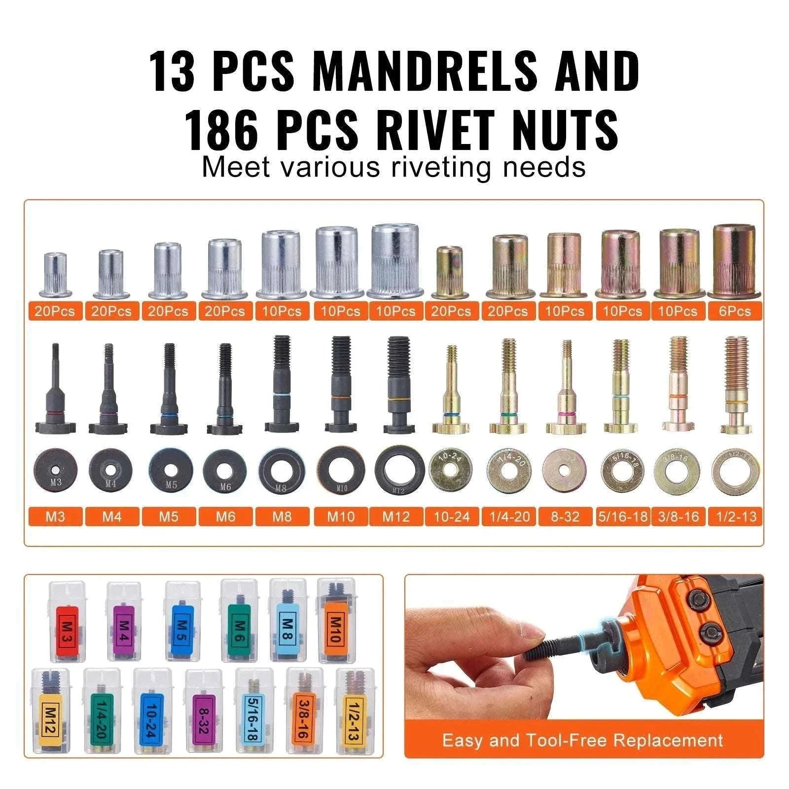 Rivet Nut Tool Kit with Metric & SAE Mandrels and Case Set-16in 186pcs None / United States