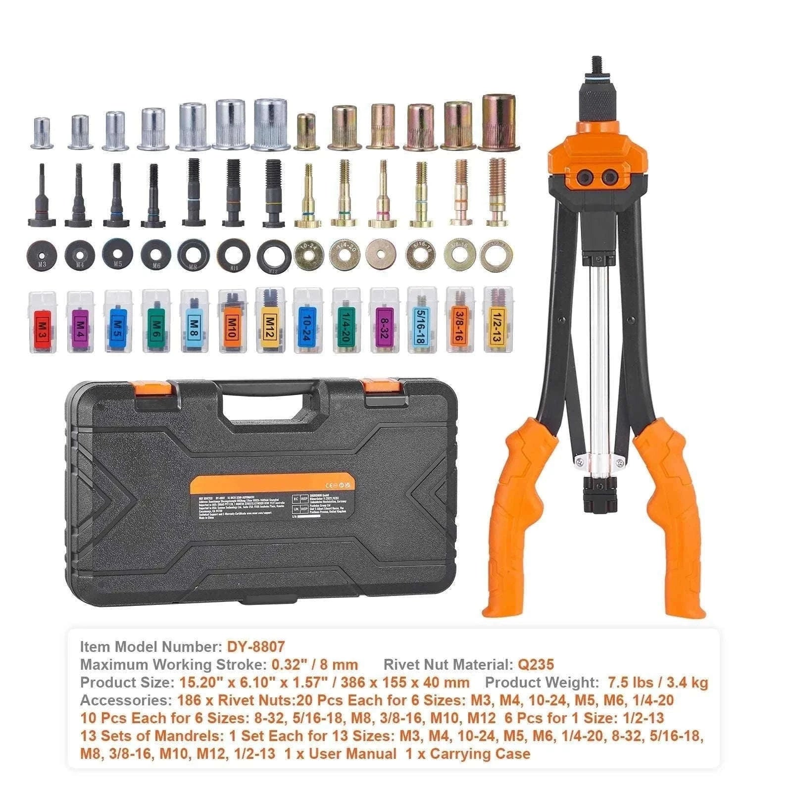 Rivet Nut Tool Kit with Metric & SAE Mandrels and Case Set-16in 186pcs None / United States