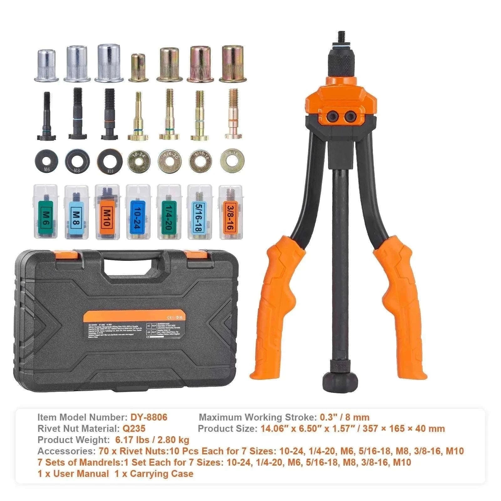 Rivet Nut Tool Kit with Metric & SAE Mandrels and Case Set-16in 186pcs None / United States