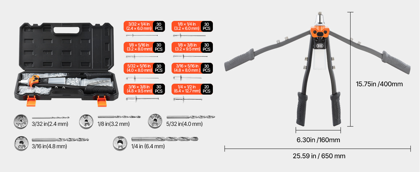 Pop Rivet Gun Kit with 200 Rivets, Interchangeable Heads & Case