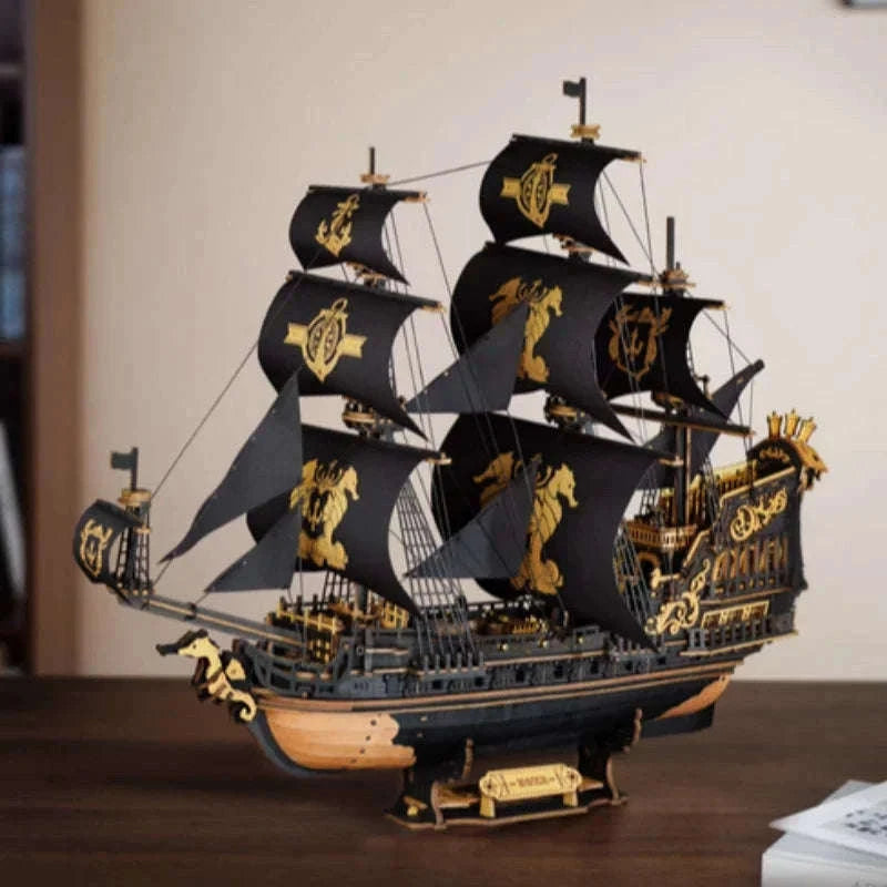 Robotime Rokr Seahorse Barque Wooden Ship Model Kit-Black / Australia