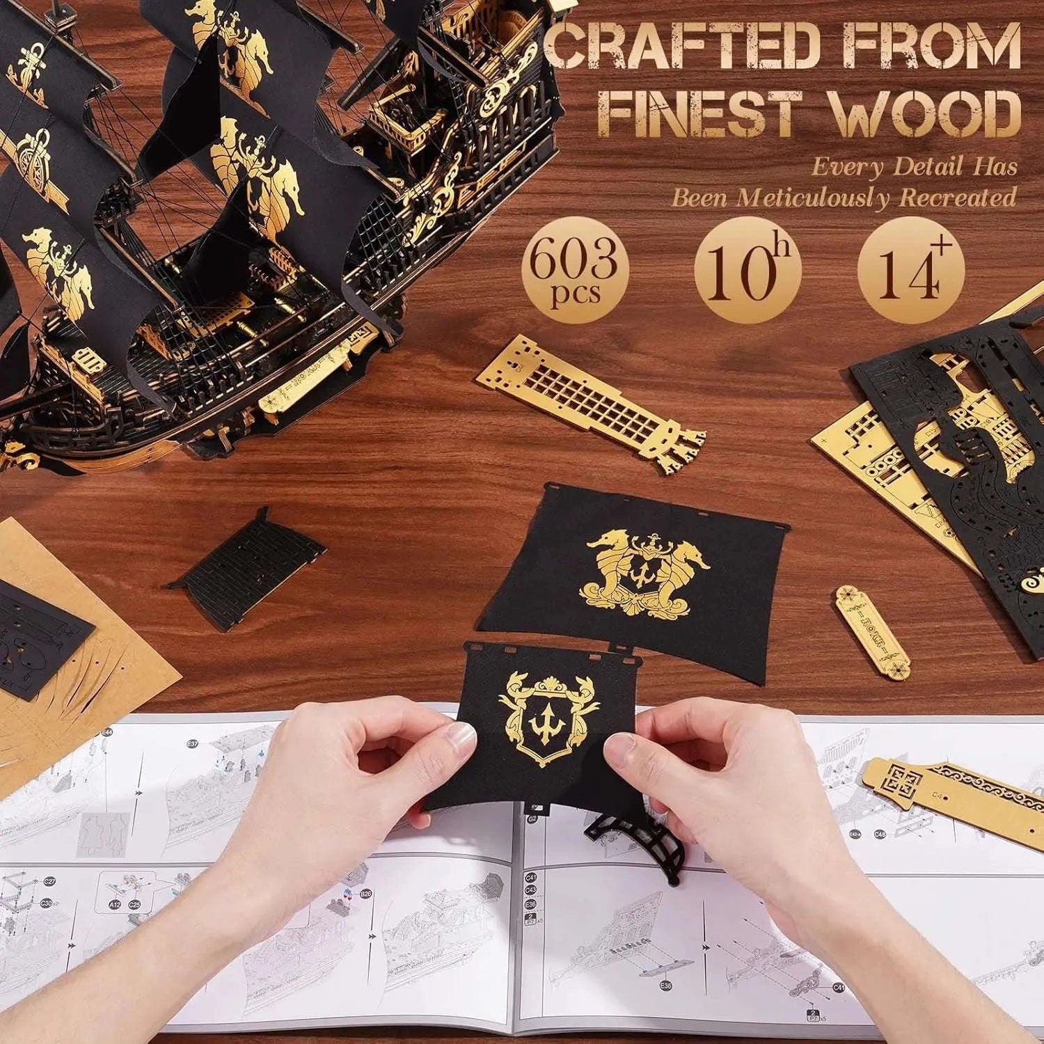 Robotime Rokr Wooden Ship Model Kit – The Seahorse Barque-Black / Australia