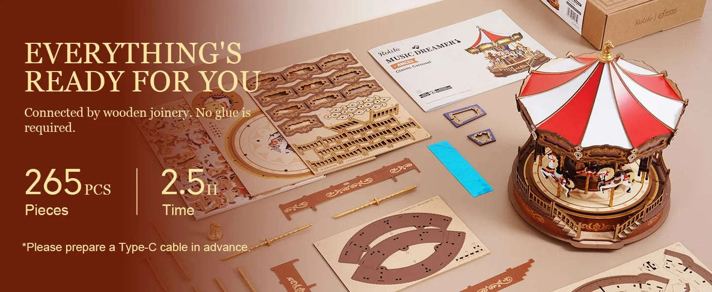 Robotime Rolife Classic Carousel Music Box 3D Wooden Puzzle-Classic Carousel / UNITED KINGDOM