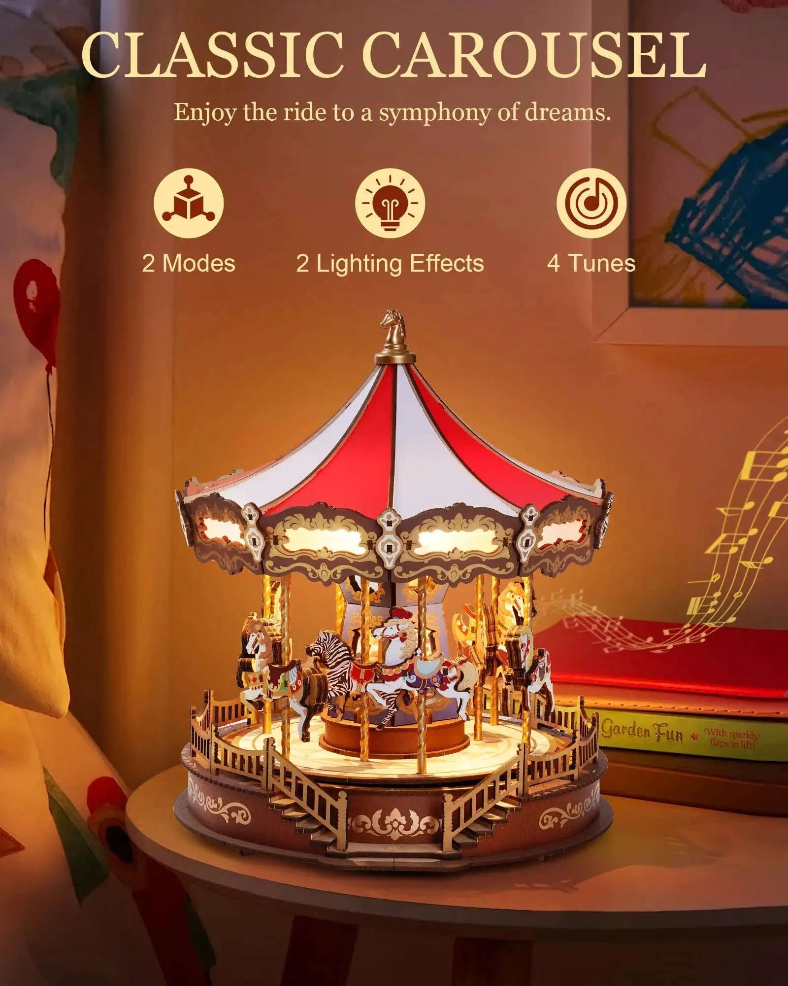 Robotime Rolife Classic Carousel Music Box 3D Wooden Puzzle-Classic Carousel / UNITED KINGDOM