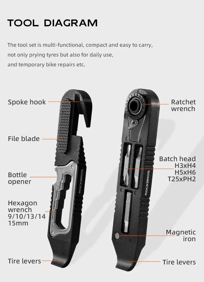 ROCKBROS Bicycle Multi-Tool Kit with Ratchet Wrench & Tire Levers-Default Title