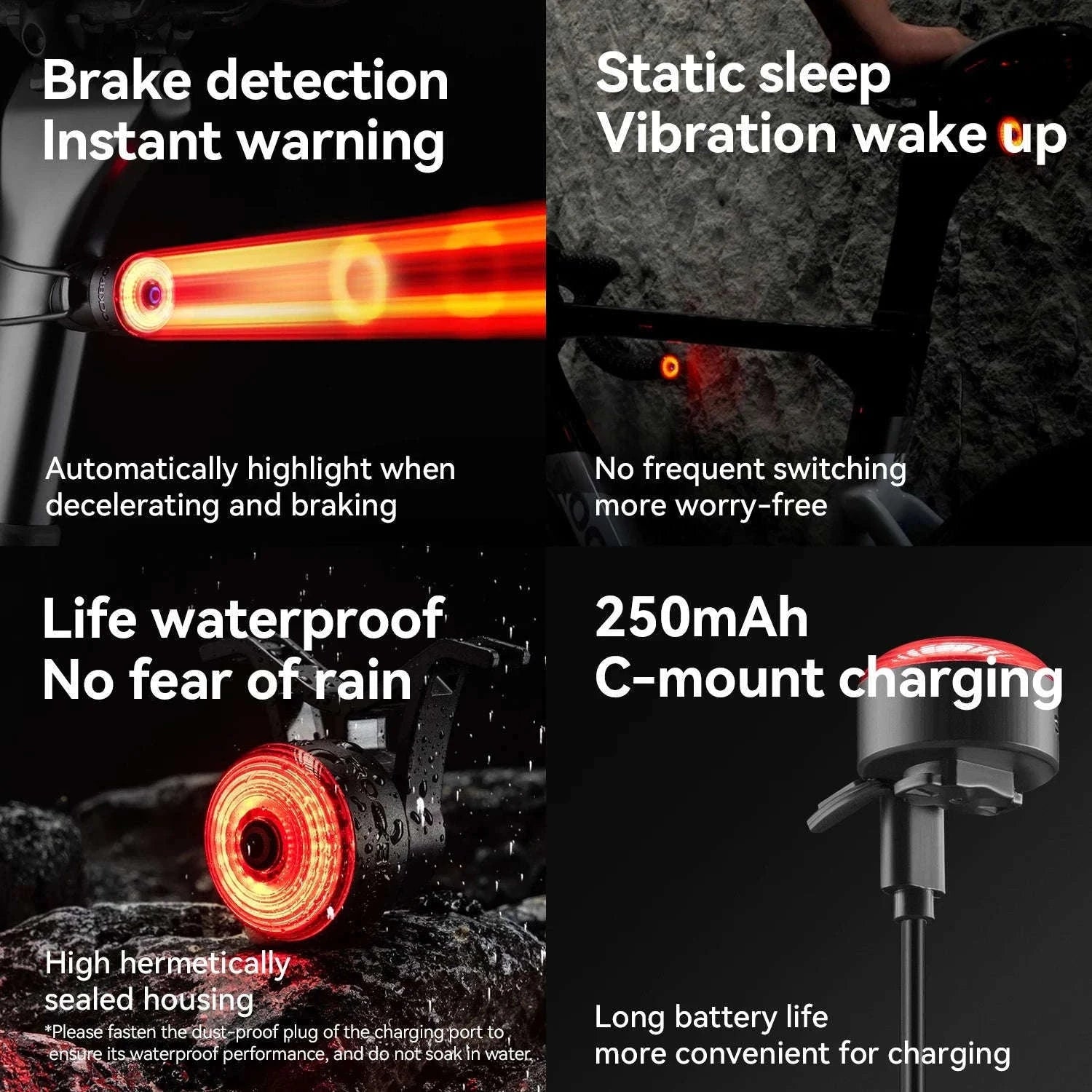 ROCKBROS Smart Bike Tail Light with Brake Sensing & Solar Power-24120010001