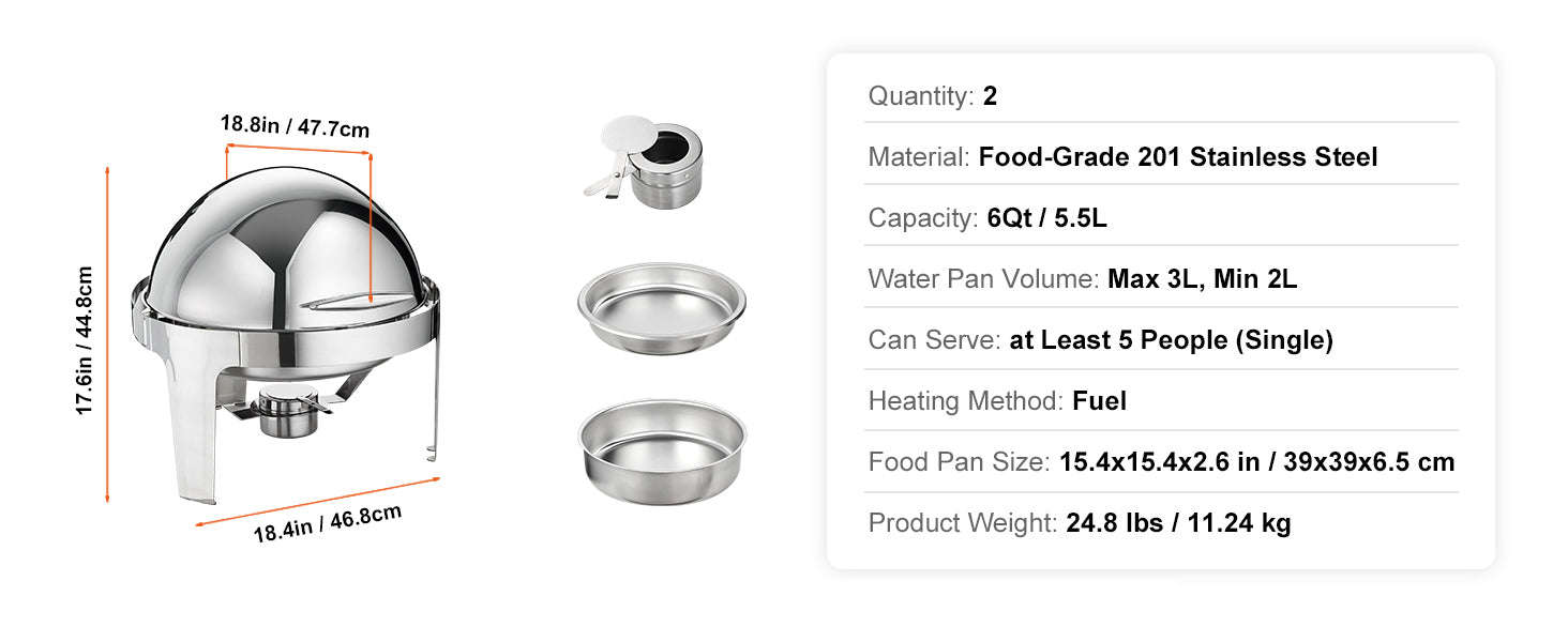 Roll Top Chafing Dish Buffet Set 6 Qt 2 Pack Stainless Steel-6QT 2 Packs / CZECH REPUBLIC