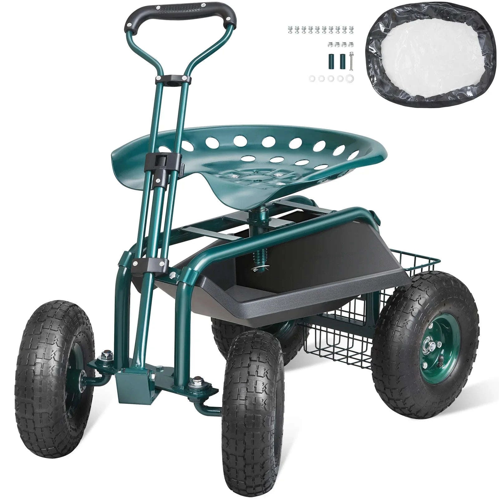 Rolling Garden Cart with Seat and Wheels-Green / CZECH REPUBLIC