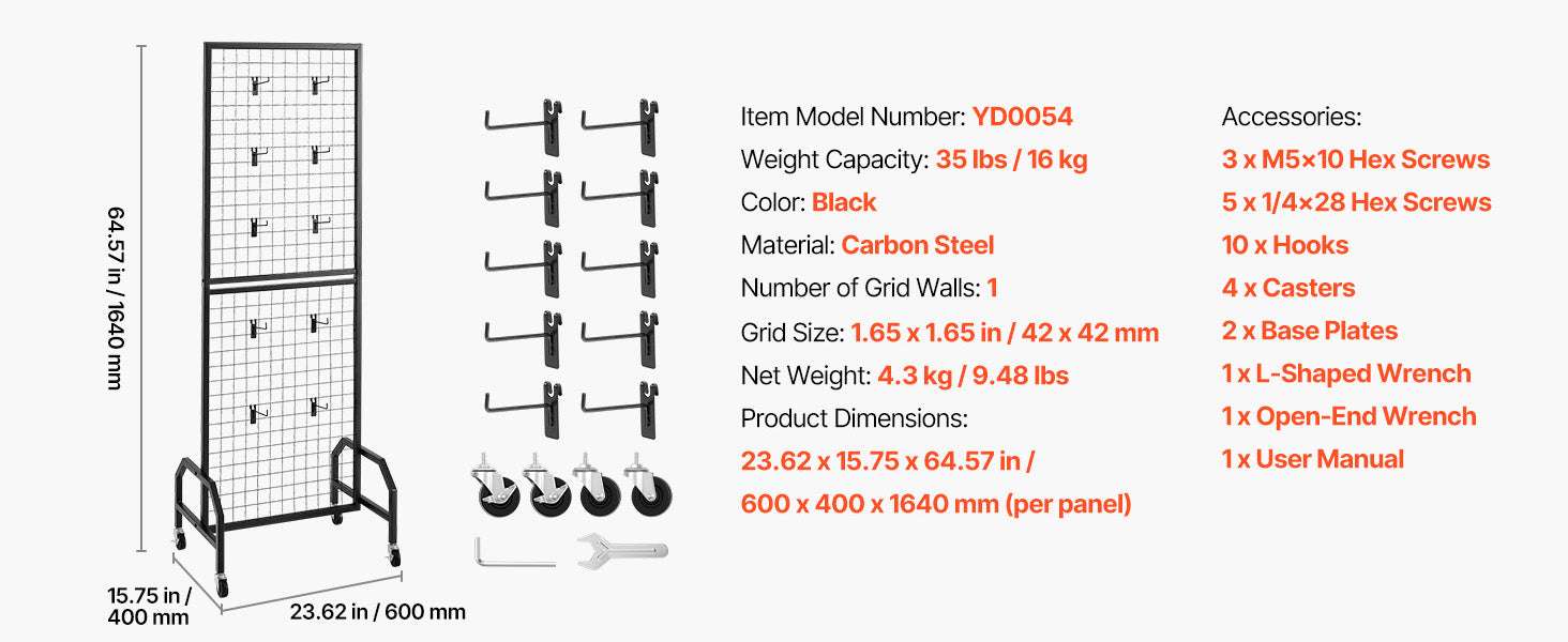 Rolling Grid Wall Display Rack with Wheels Steel Panel Stand-70-80in 2 grids / spain