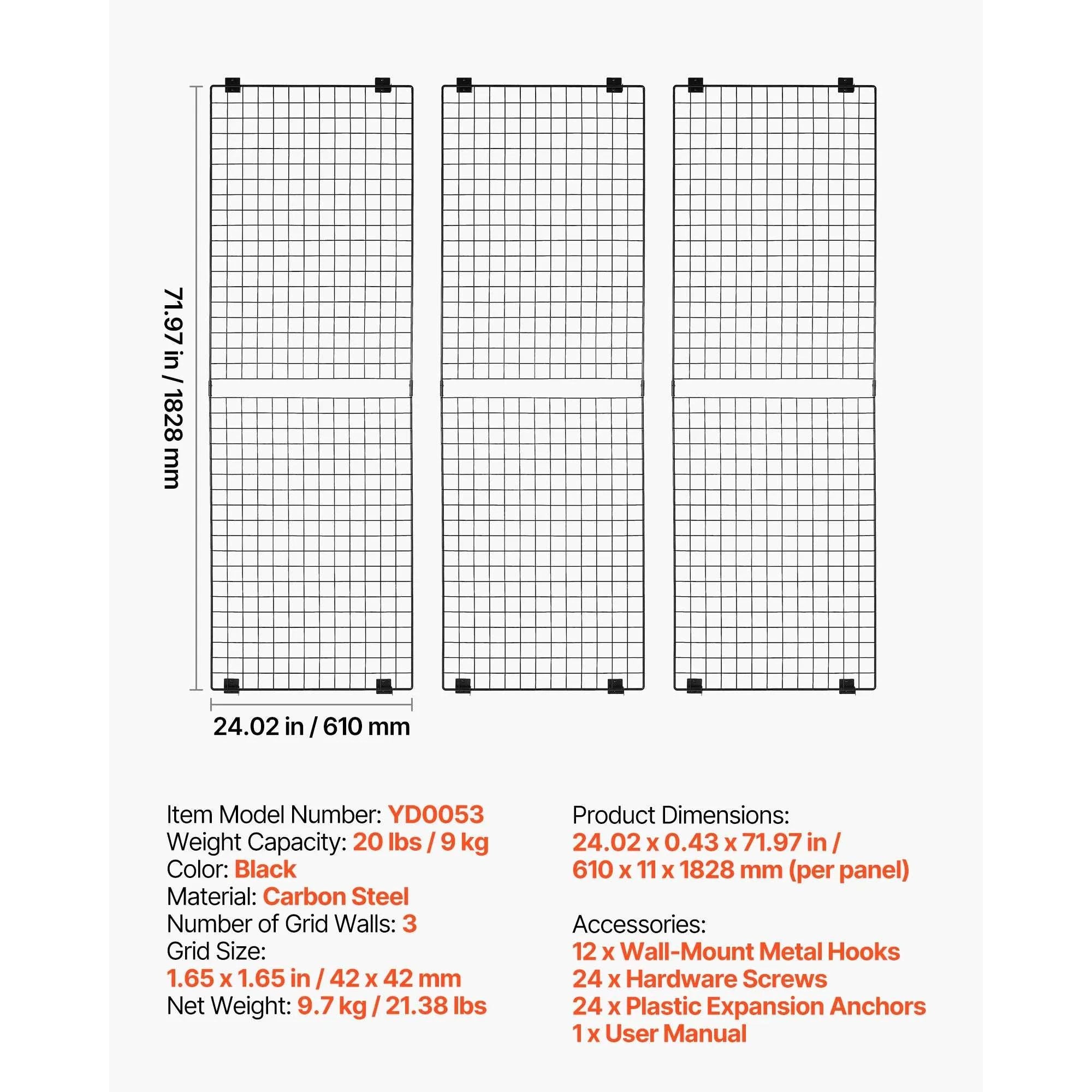 Rolling Grid Wall Display Rack with Wheels Steel Panel Stand-70-80in 2 grids / spain