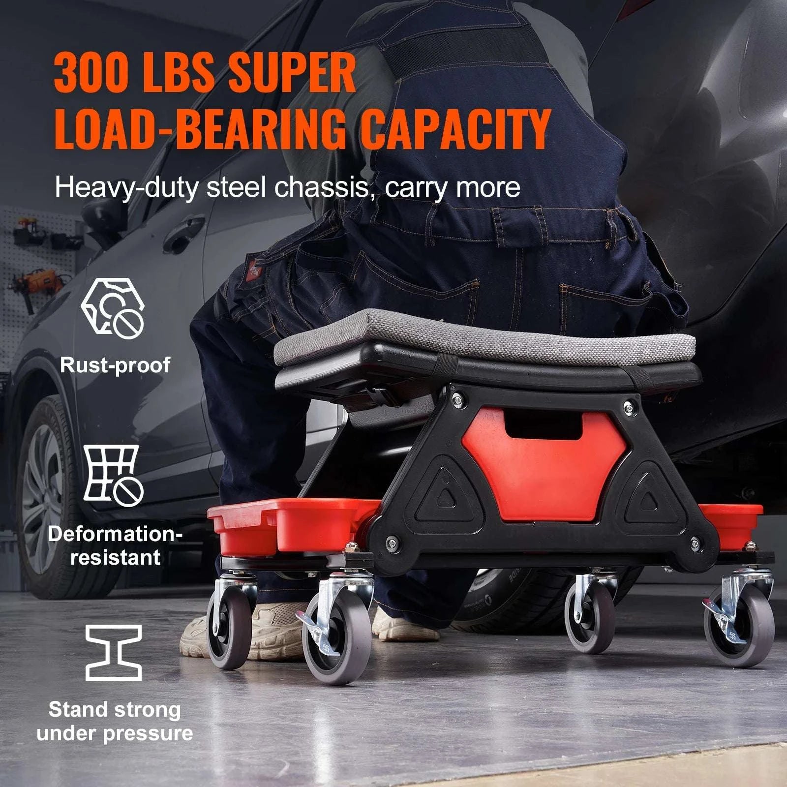 Rolling Mechanic Seat with Wheels, Tool Trays & 300 lb Capacity-United States