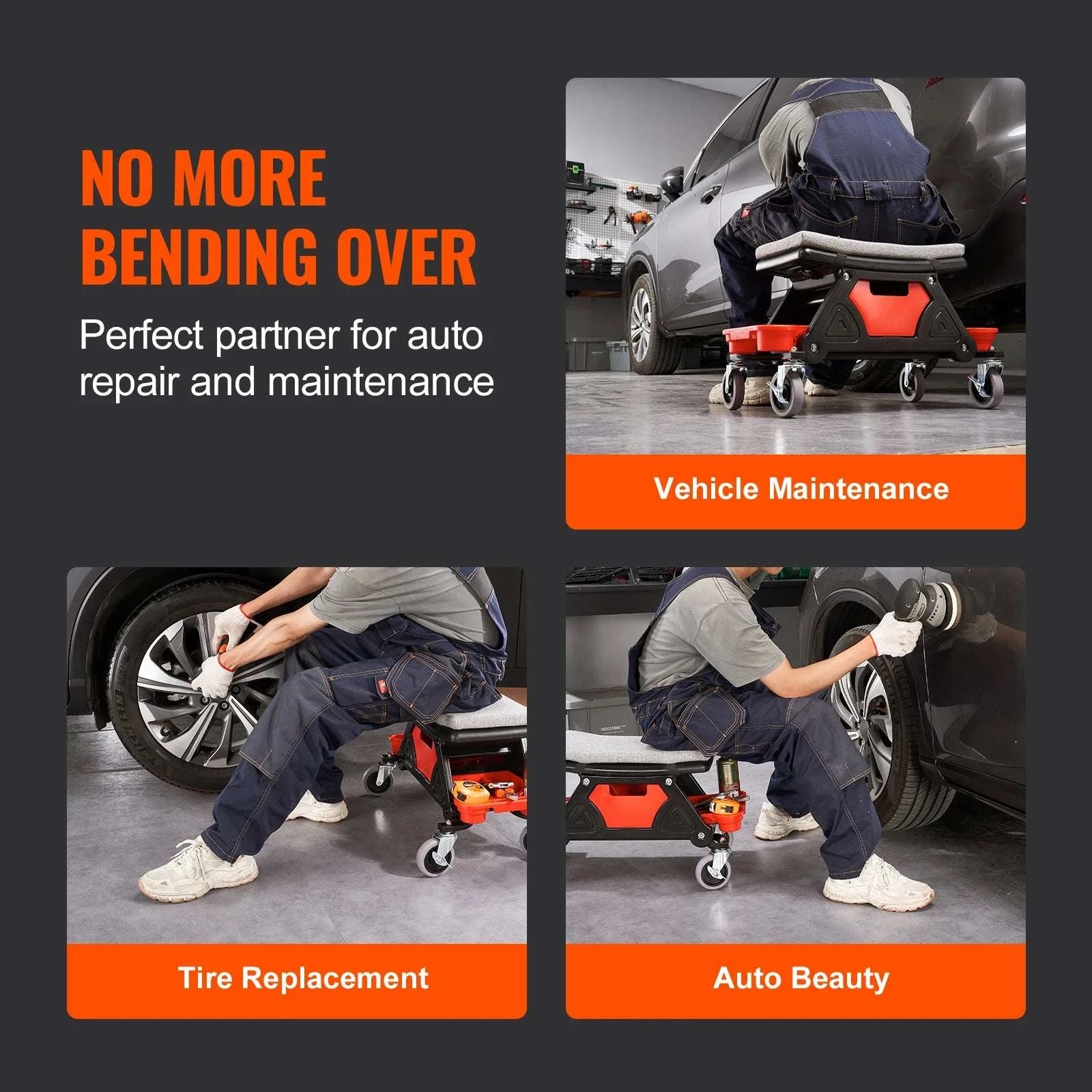 Rolling Mechanic Seat with Wheels, Tool Trays & 300 lb Capacity-United States