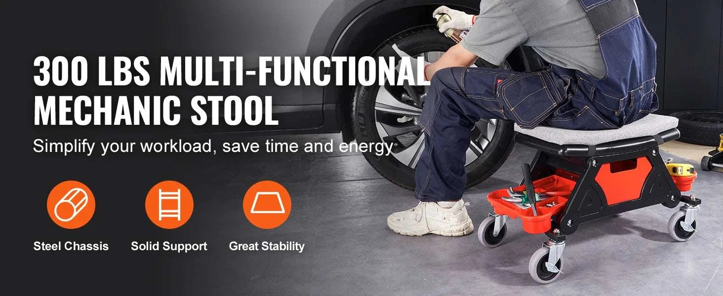 Rolling Mechanic Seat with Wheels, Tool Trays & 300 lb Capacity-United States