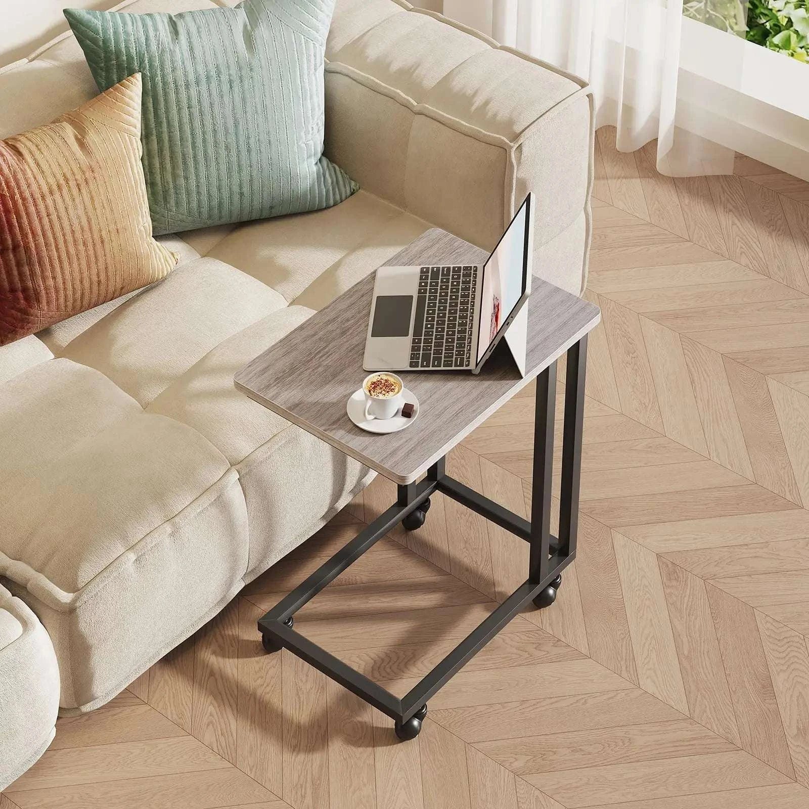 Rolling Overbed Sofa Table with Wheels Metal Frame C-Shape Desk-Brown / United States