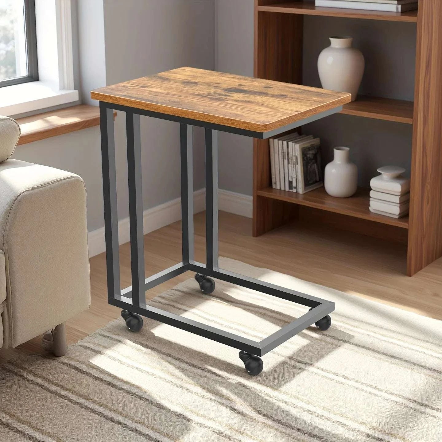Rolling Overbed Sofa Table with Wheels Metal Frame C-Shape Desk-Brown / United States