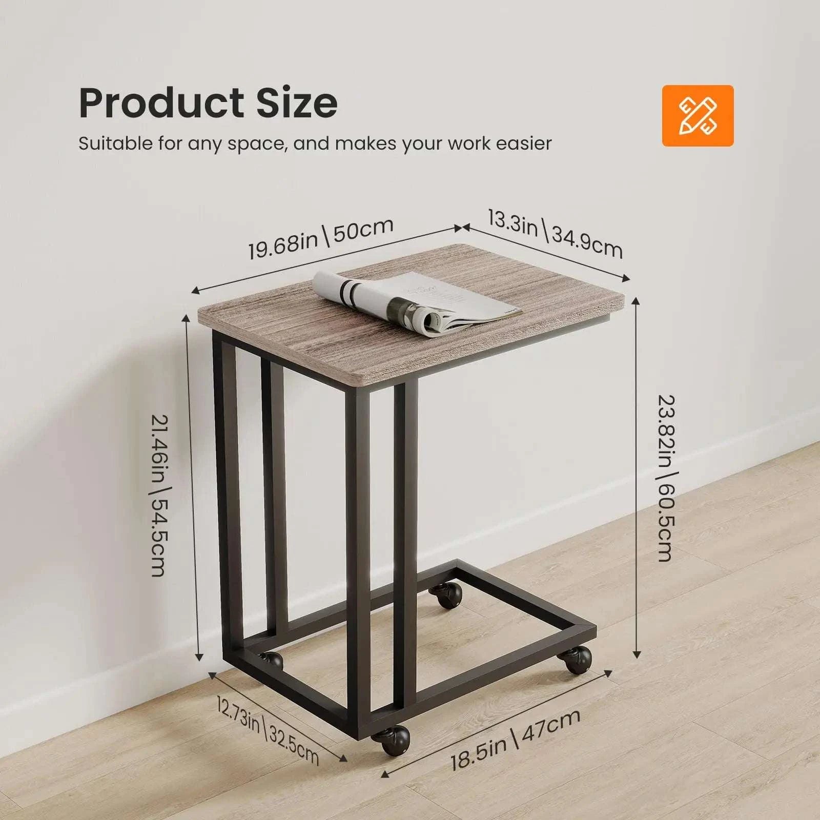 Rolling Overbed Sofa Table with Wheels Metal Frame C-Shape Desk-Brown / United States