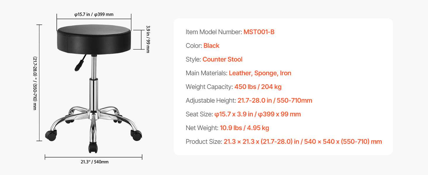 Rolling Stool Chair with Wheels 450 lb Capacity Adjustable Height-Black Back Support / United States