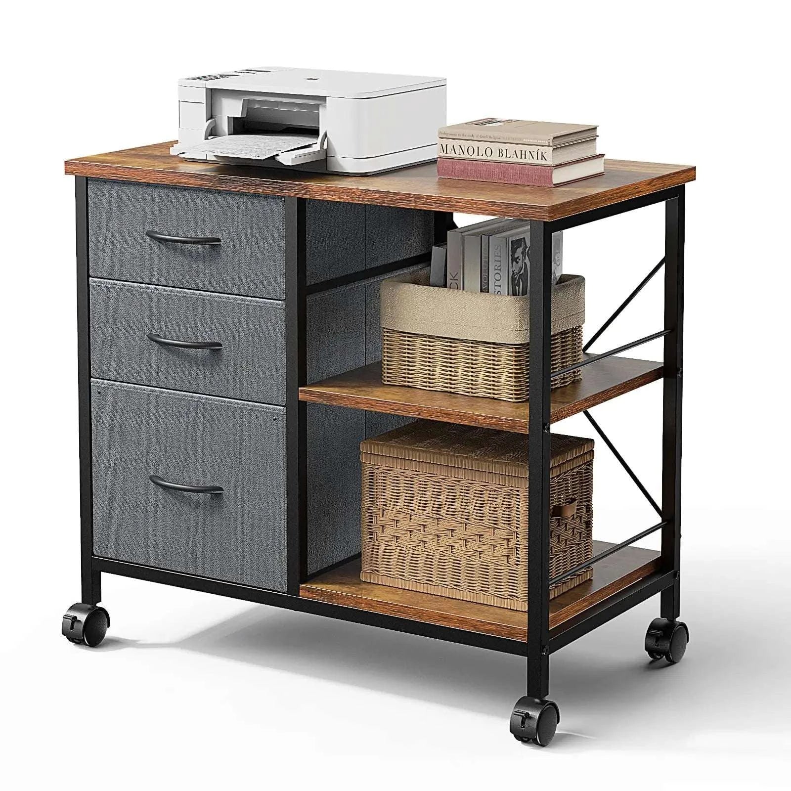 Rolling Storage Cabinet with Fabric Drawers and Steel Frame-Rustic Brown / United States