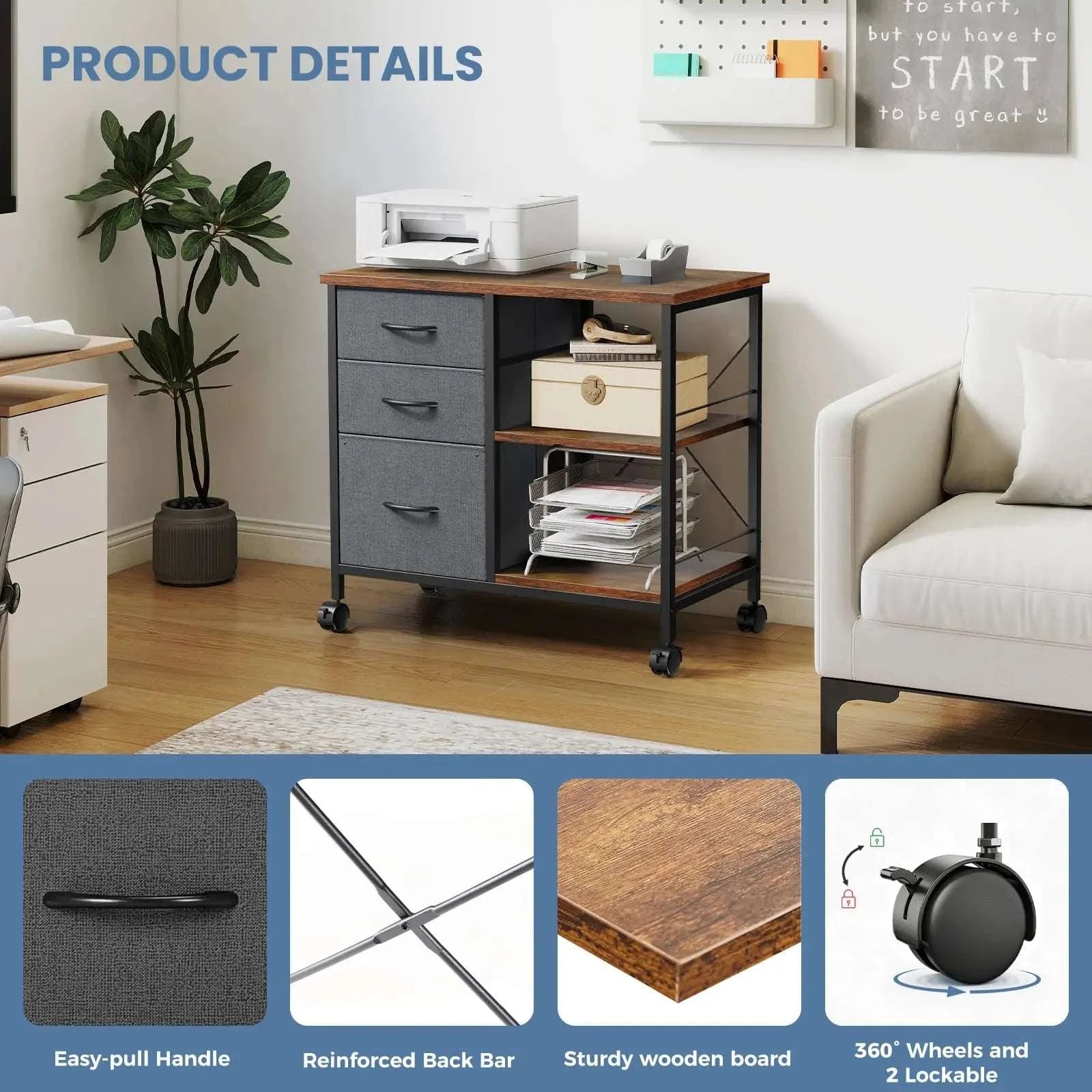 Rolling Storage Cabinet with Fabric Drawers and Steel Frame-Rustic Brown / United States