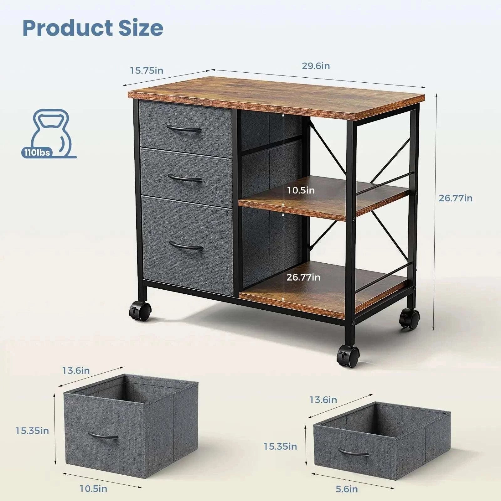 Rolling Storage Cabinet with Fabric Drawers and Steel Frame-Rustic Brown / United States