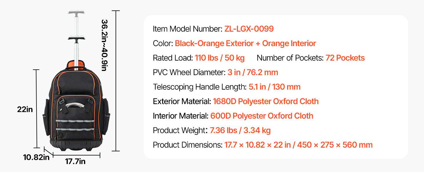 Rolling Tool Backpack with Wheels 110lb Capacity & Multi-Pocket Storage-14in 45 Pockets / CZECH REPUBLIC