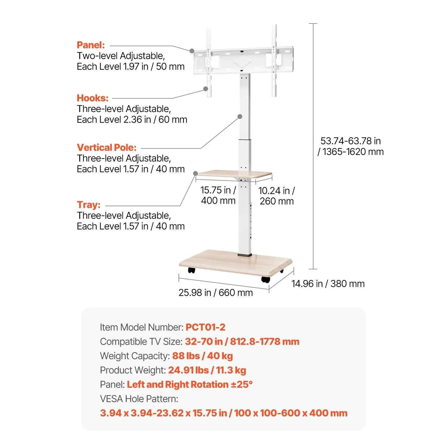 Rolling TV Stand for 32–70 Inch Screens with Wheels & Height Adjust-99 lbs / United States