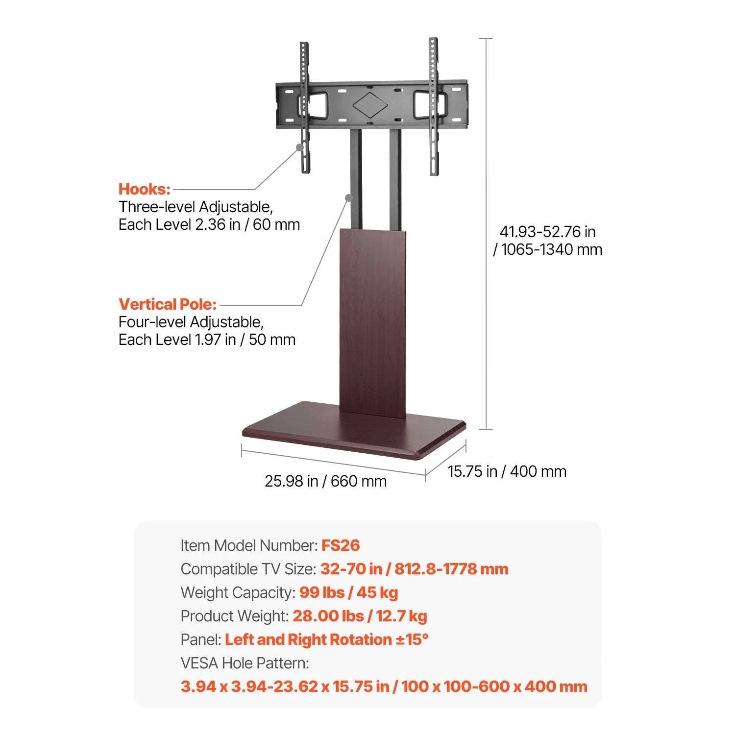 Rolling TV Stand for 32–70 Inch Screens with Wheels & Height Adjust-99 lbs / United States