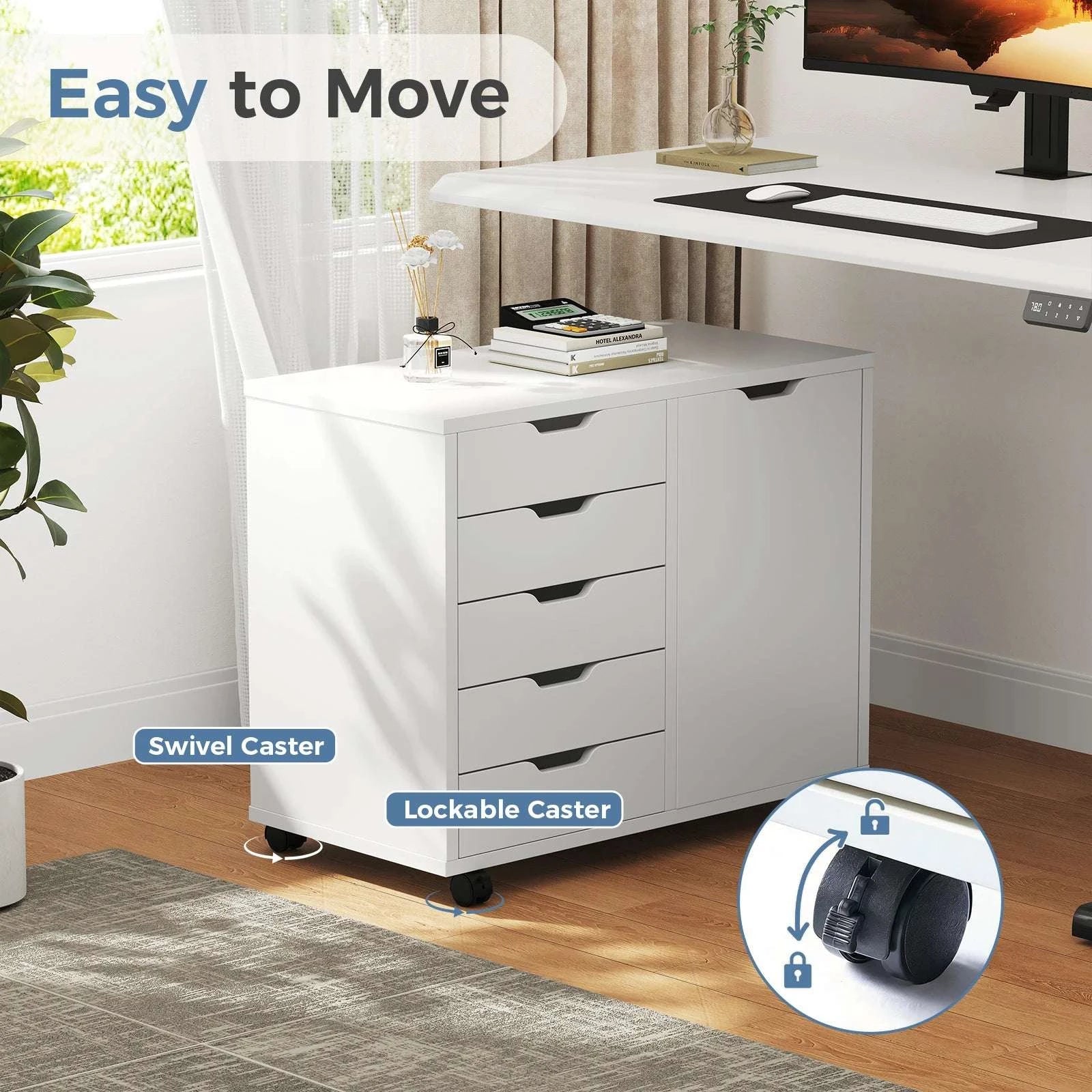 Rolling Wood File Cabinet with 5 Drawers, Shelves & Lockable Wheels-WHITE / United States