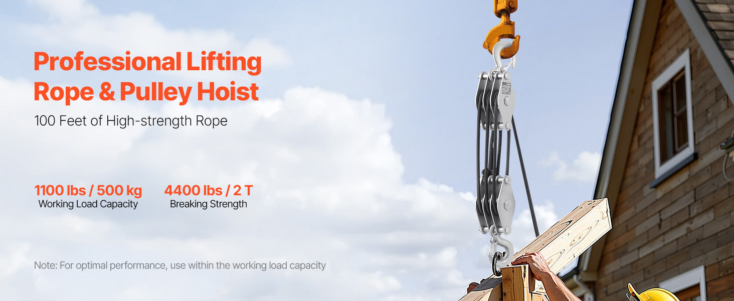 1100 lbs Manual Pulley Hoist with 100ft Rope & 5:1 Lifting Power