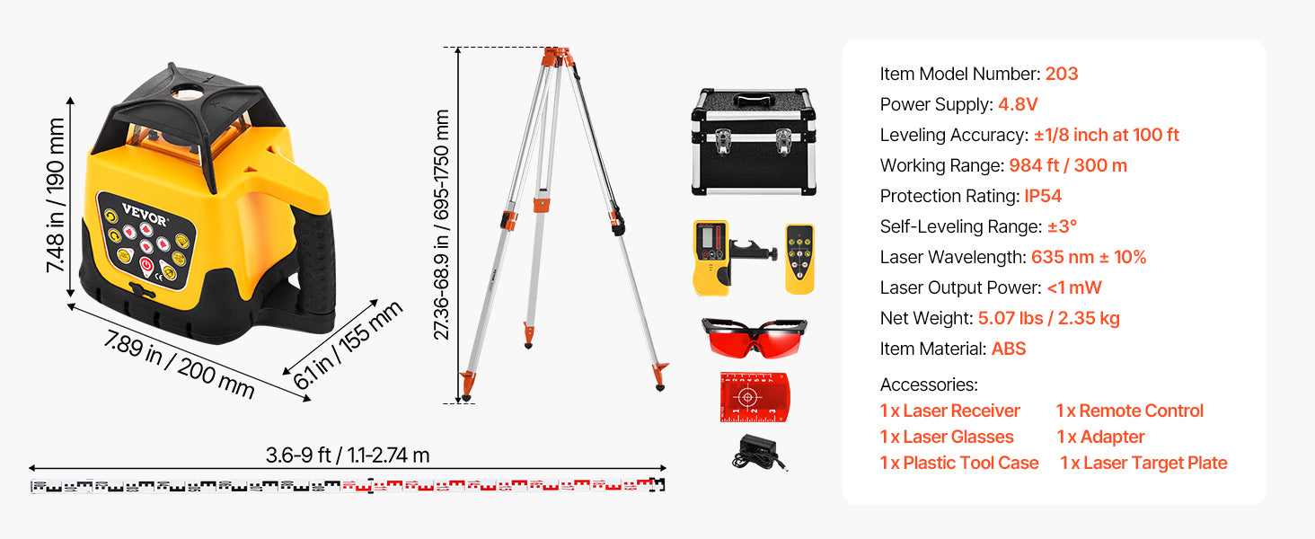 Rotationslaser-Nivelliergerät mit Stativ und Nivellierlatte, rotem/grünem Strahl, 984 ft Reichweite, einstellbarer Neigung und 360-Grad-Drehung