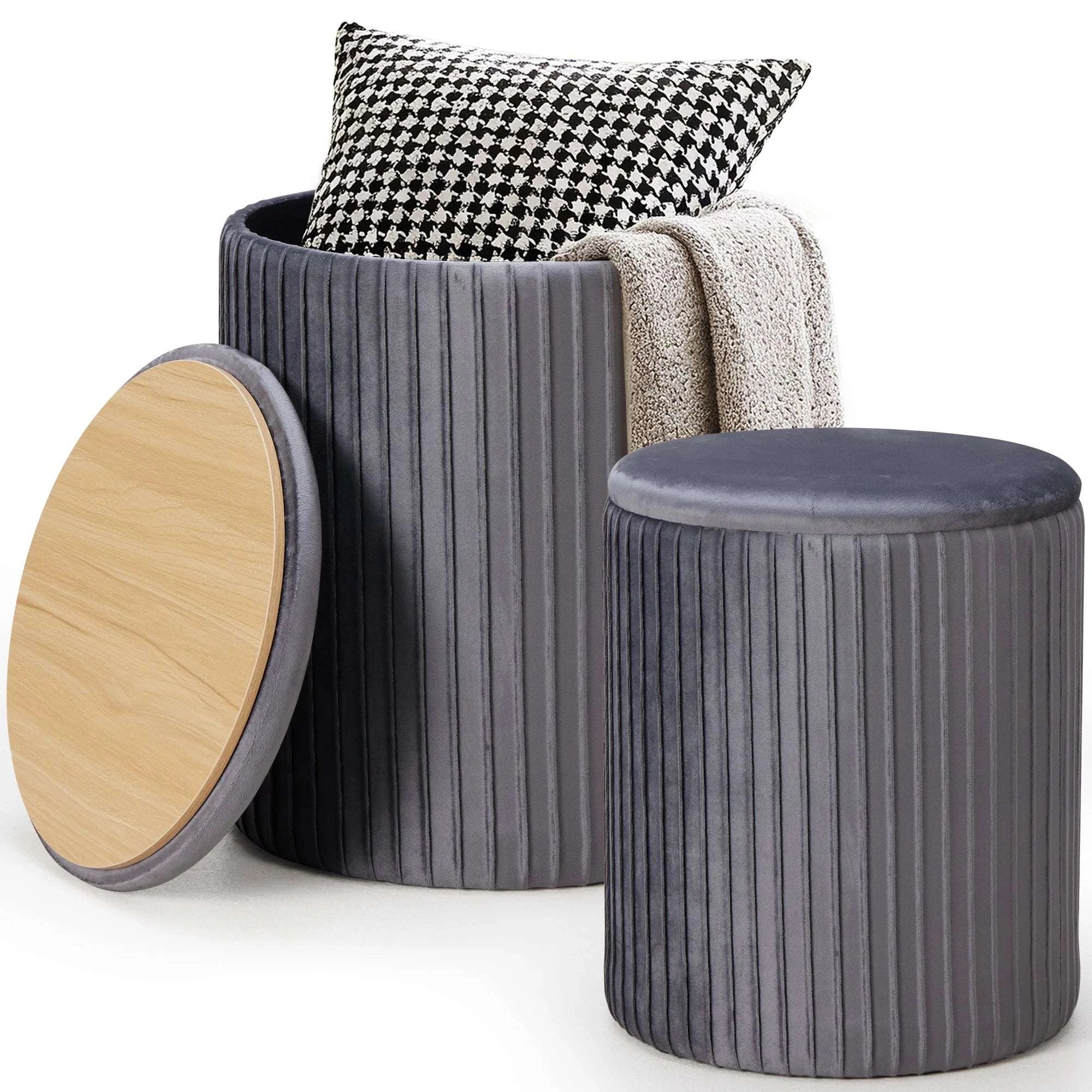 Round Ottoman Storage Set of 2 Nesting Footstools with Lids-Beige / United States