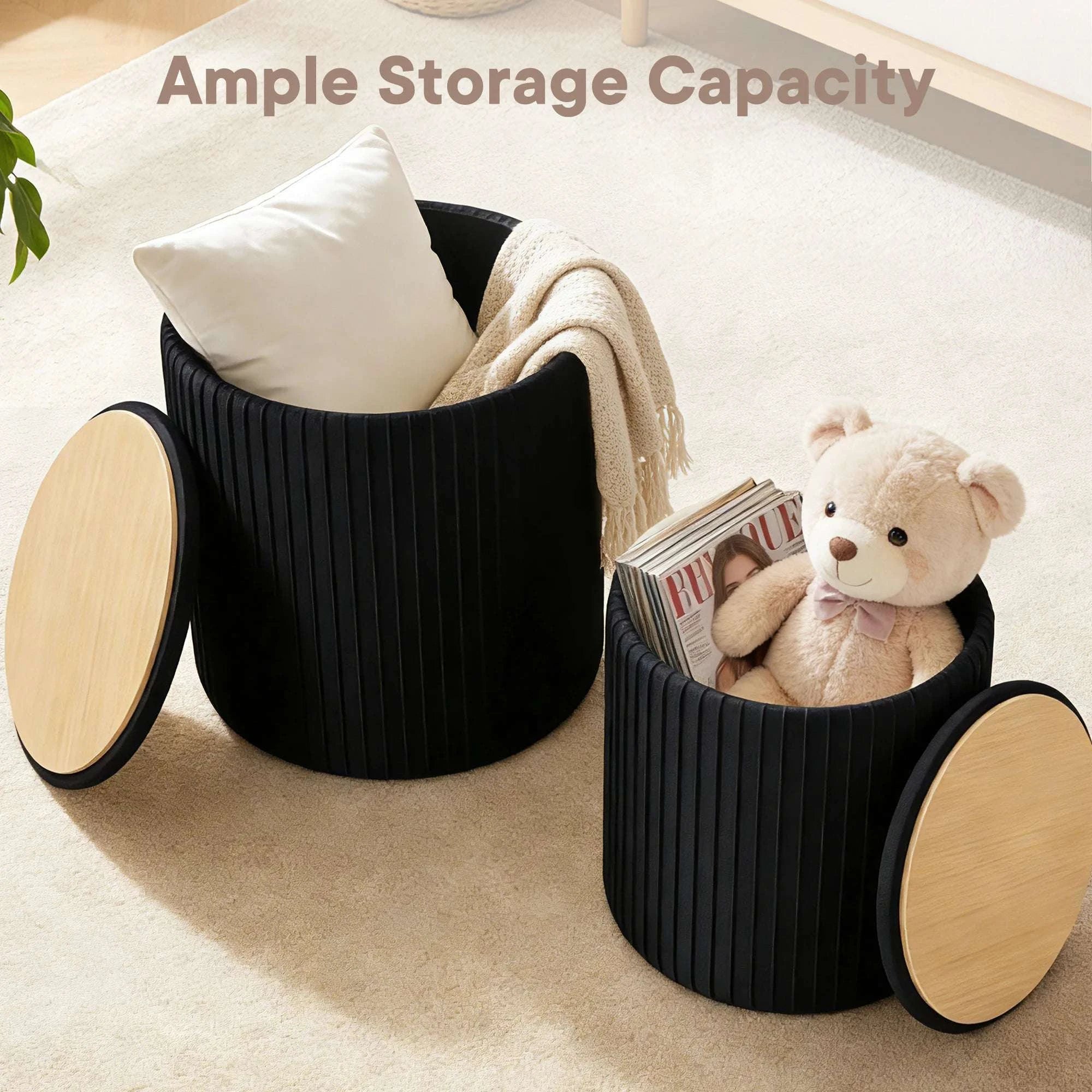 Round Ottoman Storage Set of 2 Nesting Footstools with Lids-Beige / United States