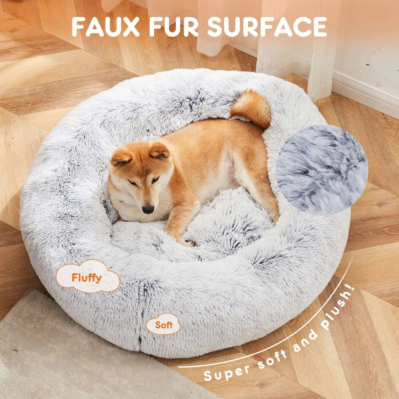 Round Plush Faux Fur Calming Dog Bed Washable Anti-Slip-GRAY / XL / United States