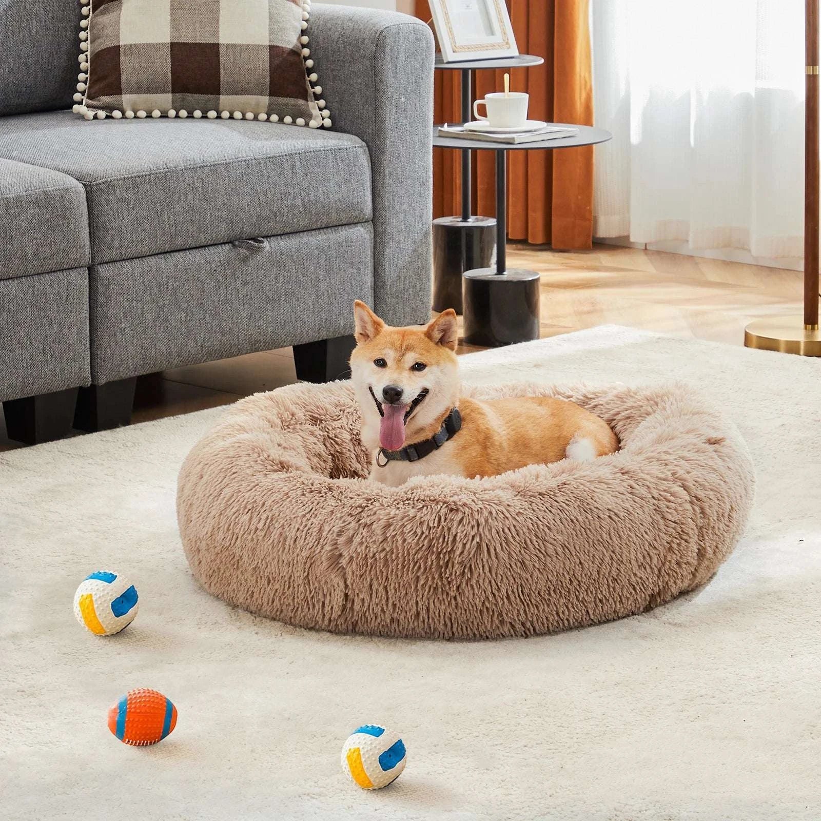Round Plush Faux Fur Calming Dog Bed Washable Anti-Slip-GRAY / XL / United States