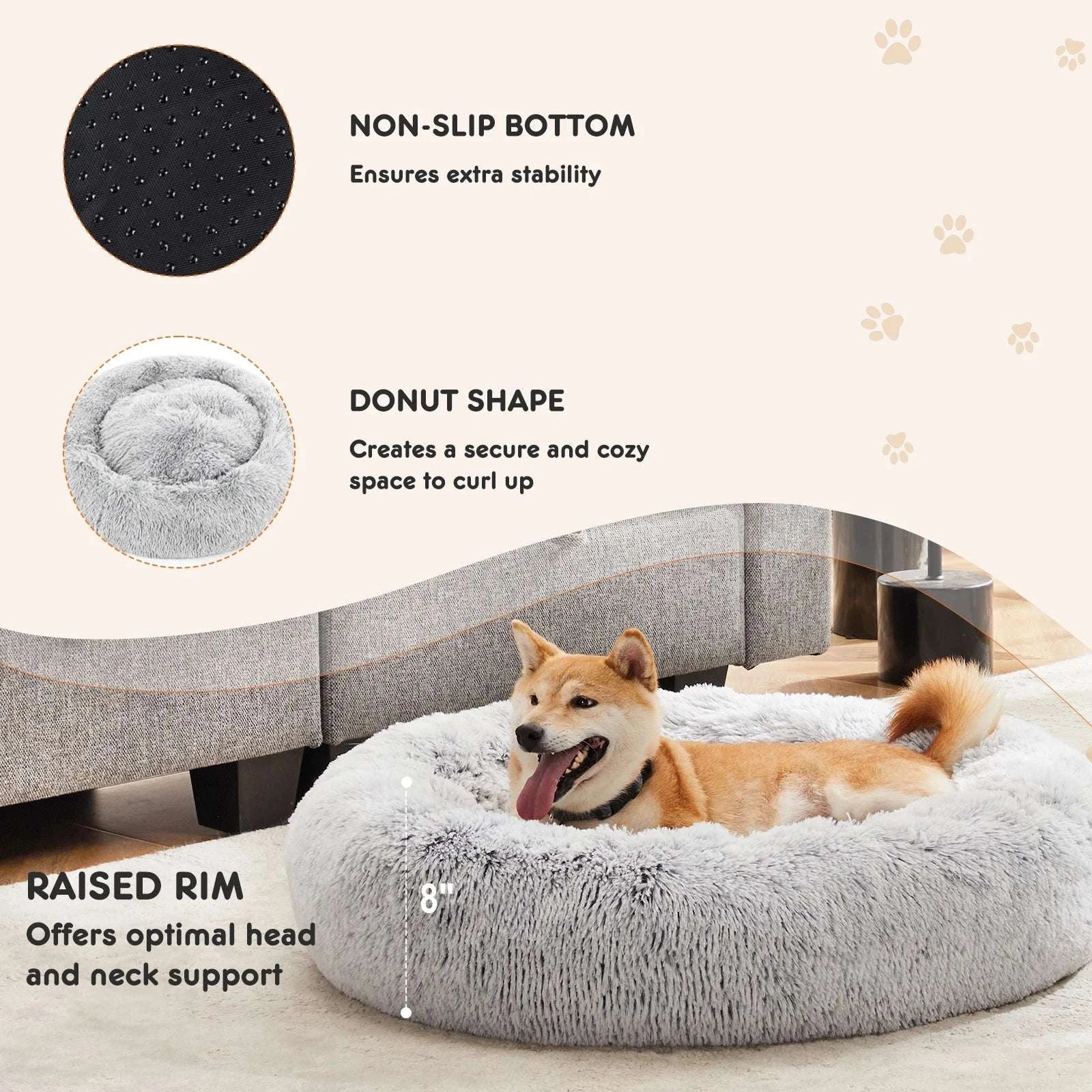 Round Plush Faux Fur Calming Dog Bed Washable Anti-Slip-GRAY / XL / United States