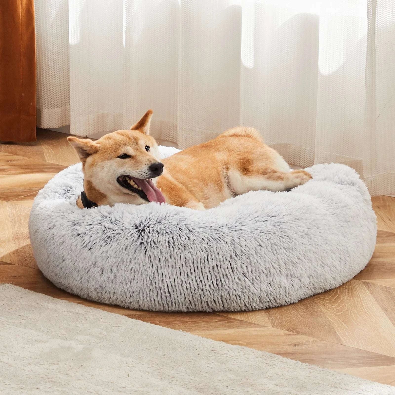 Round Plush Faux Fur Calming Dog Bed Washable Anti-Slip-GRAY / XL / United States