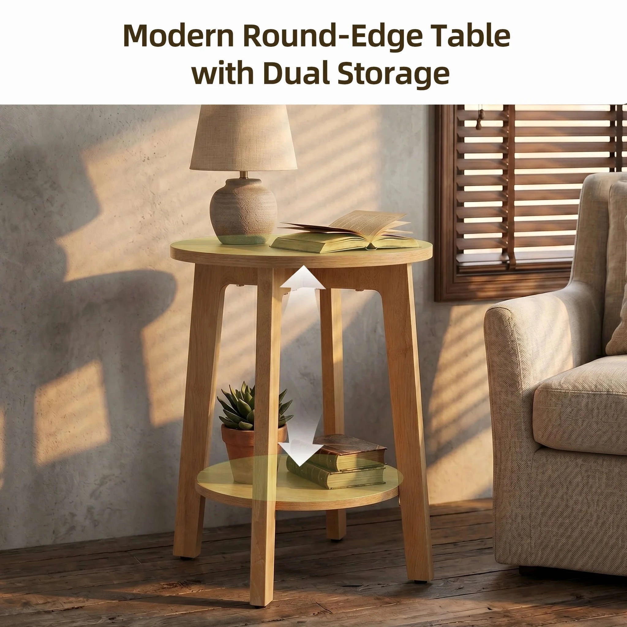 Round Wood Side Table with 2-Tier Storage Shelf for Small Spaces-2PC Wood / United States