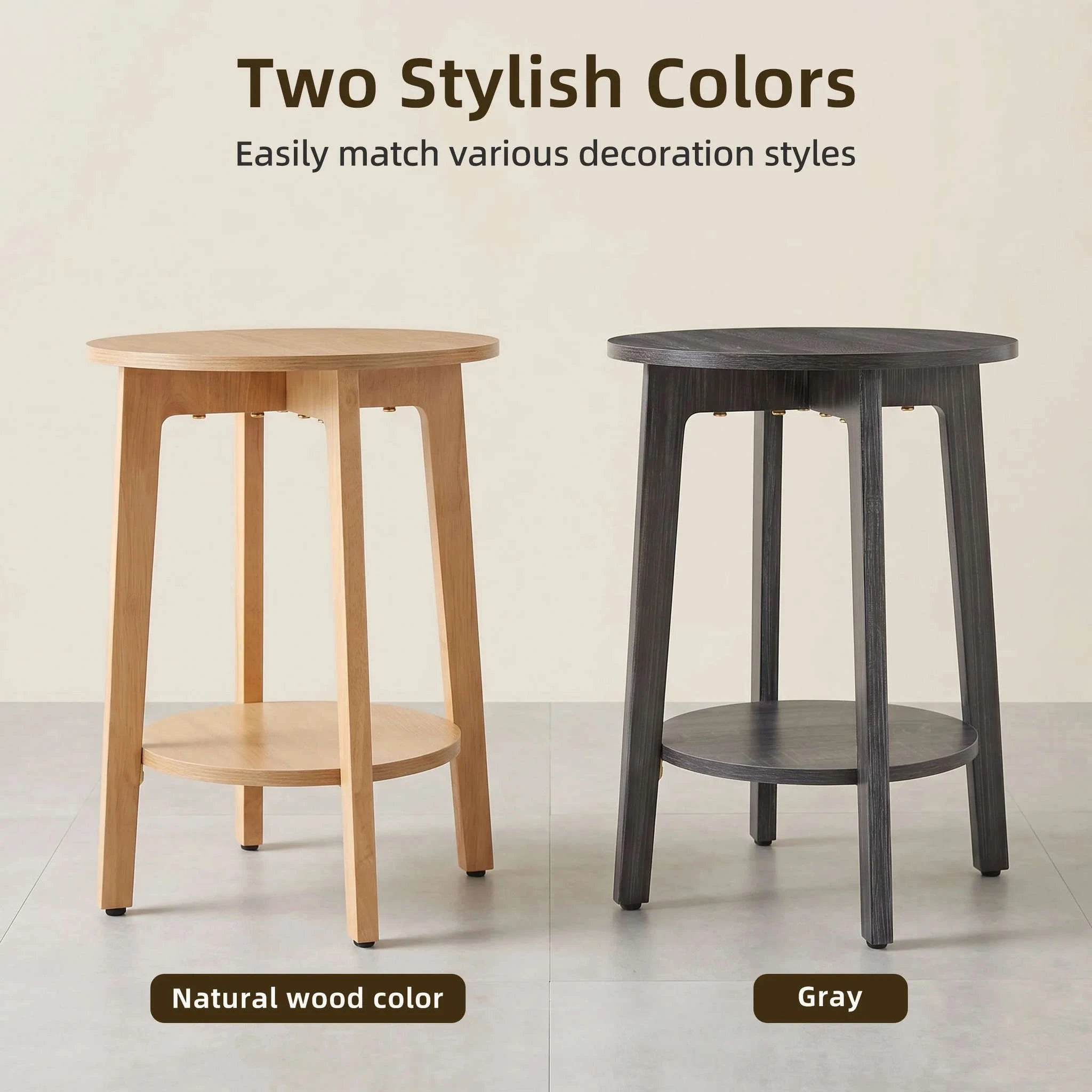 Round Wood Side Table with 2-Tier Storage Shelf for Small Spaces-2PC Wood / United States