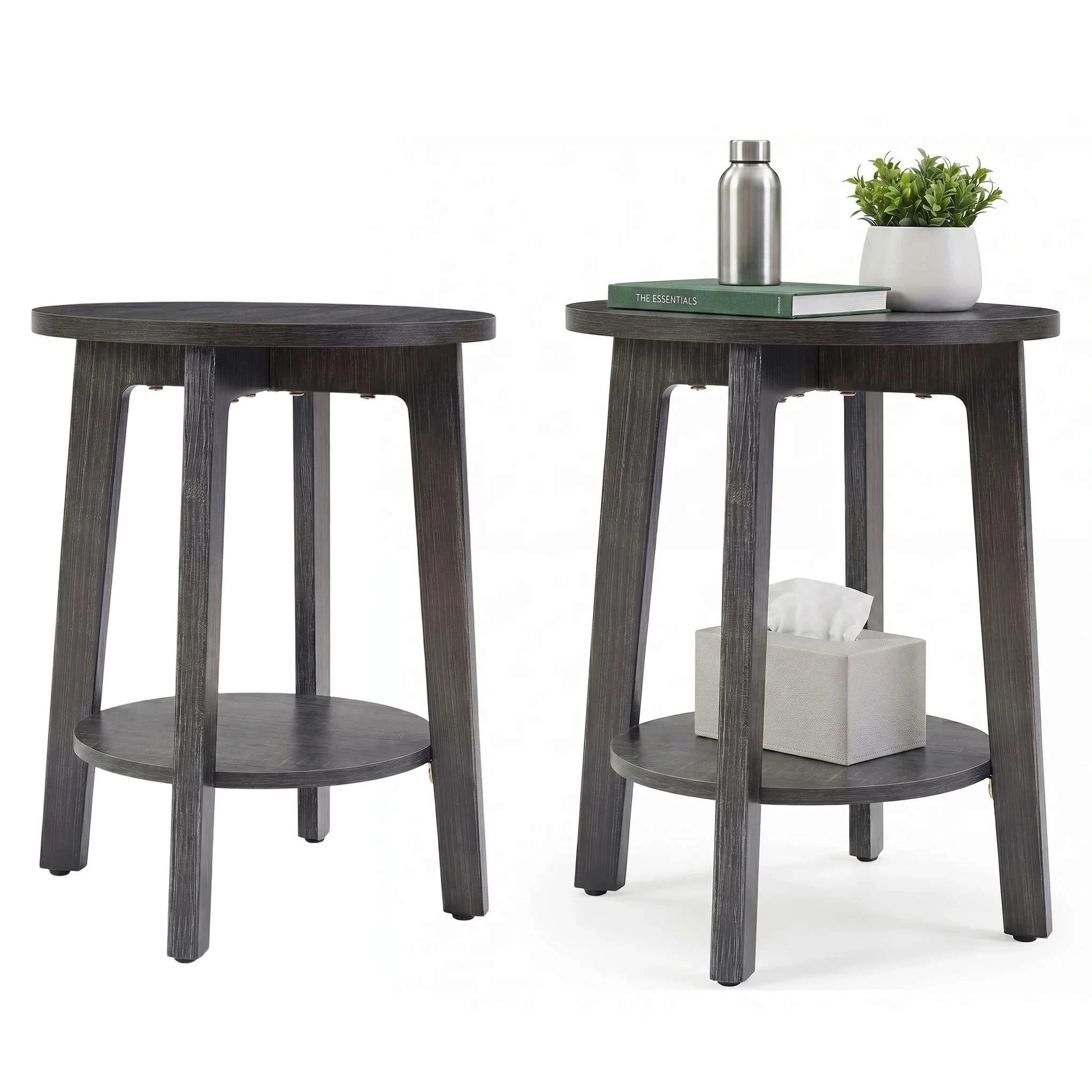 Round Wood Side Table with 2-Tier Storage Shelf for Small Spaces-2PC Wood / United States