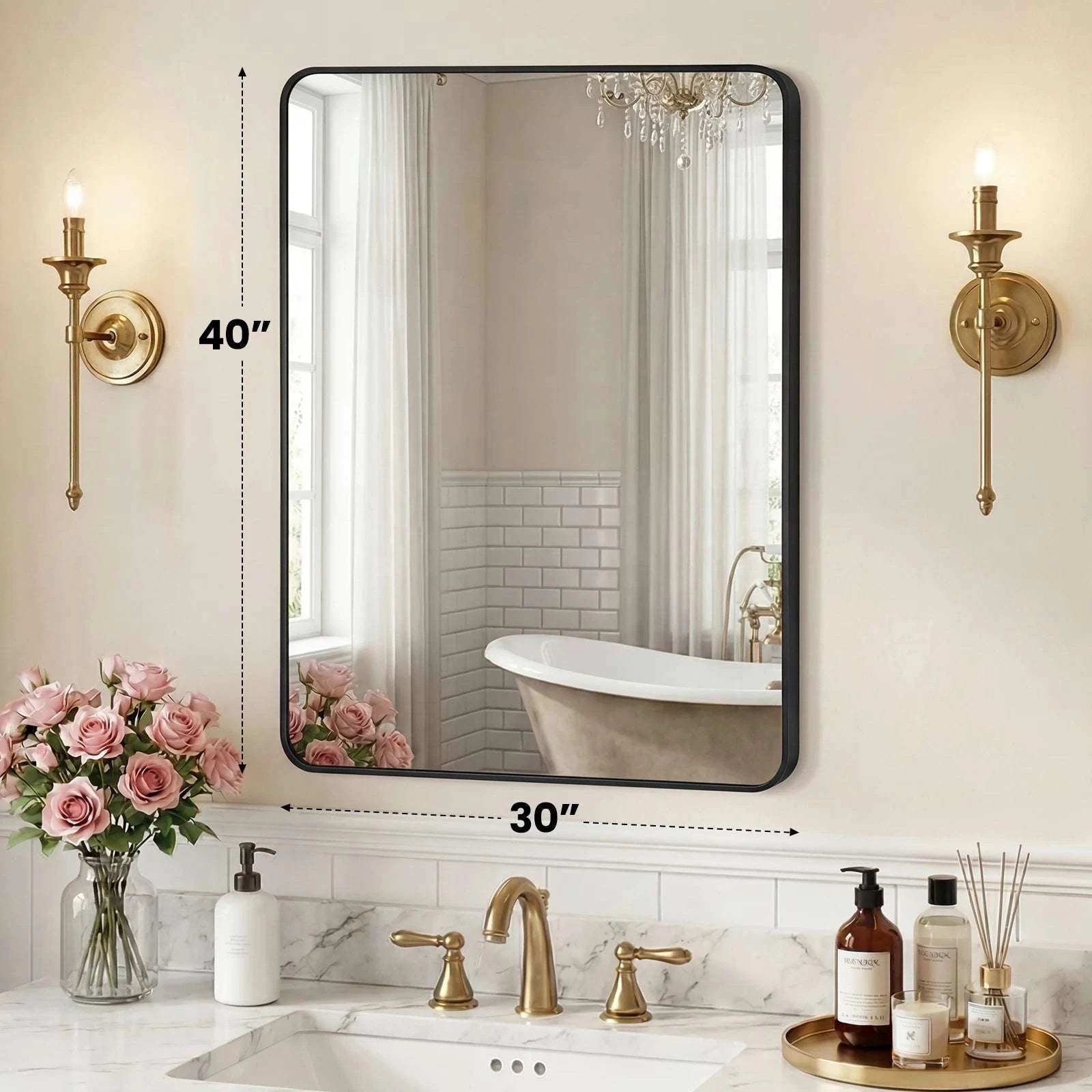 Rounded Rectangle Wall Mirror with Metal Frame, Tempered Glass-48L x 30W Black / United States