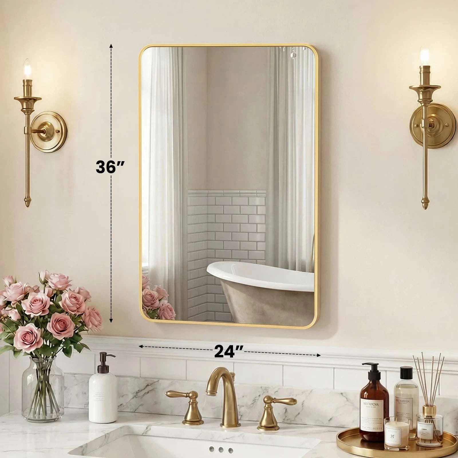 Rounded Rectangle Wall Mirror with Metal Frame, Tempered Glass-48L x 30W Black / United States