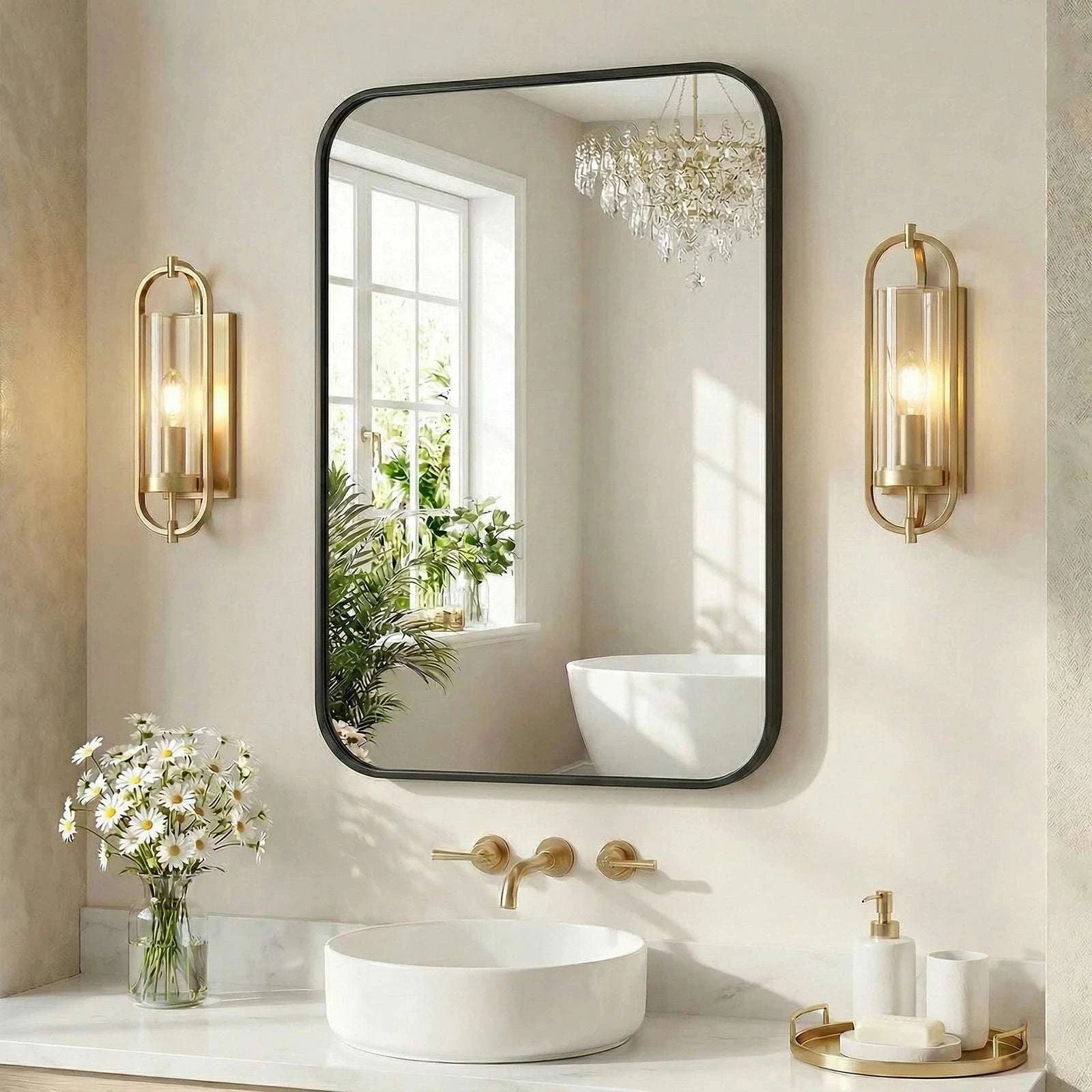 Rounded Rectangle Wall Mirror with Metal Frame, Tempered Glass-48L x 30W Black / United States