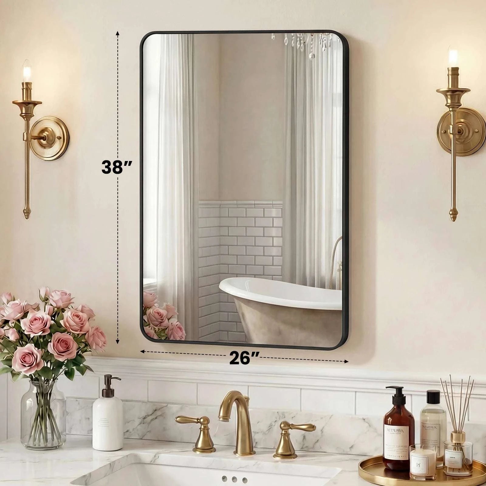 Rounded Rectangle Wall Mirror with Metal Frame, Tempered Glass-48L x 30W Black / United States
