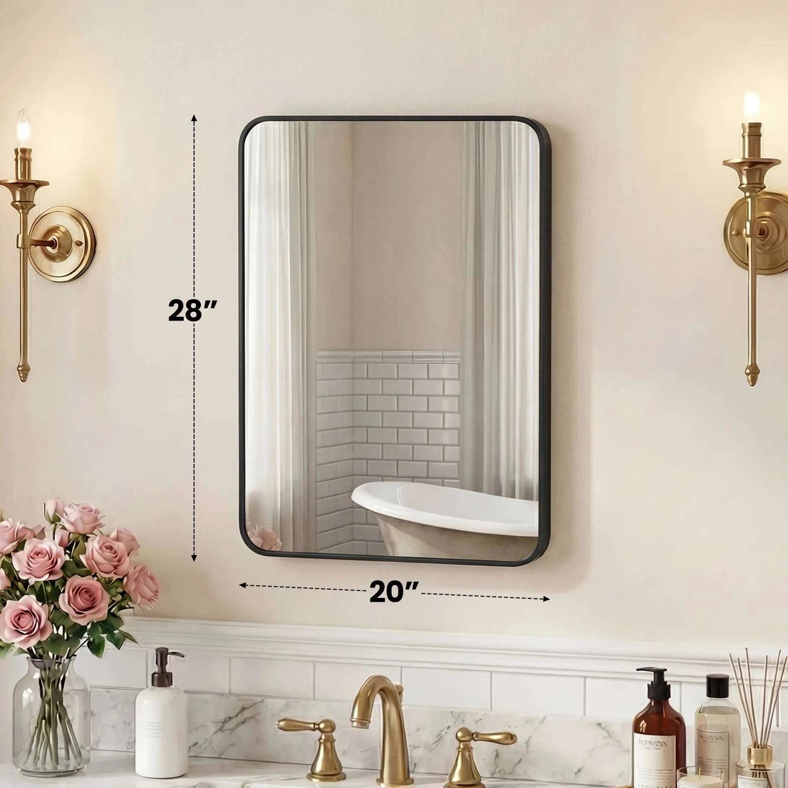 Rounded Rectangle Wall Mirror with Metal Frame, Tempered Glass-48L x 30W Black / United States