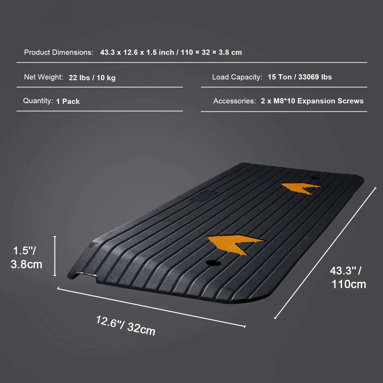 Rubber Driveway Curb Ramp 4" Rise Non-Slip Threshold for Wheels-43.3x12.6x1.5inch / United States
