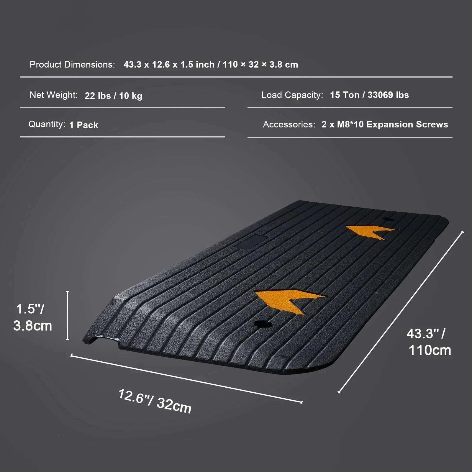 Rubber Driveway Curb Ramp 4" Rise Non-Slip Threshold for Wheels-43.3x12.6x1.5inch / United States