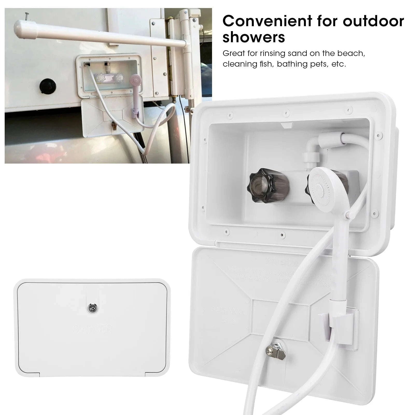 RV Exterior Shower Box Kit with Lock for Boat Camper Motorhome-White
