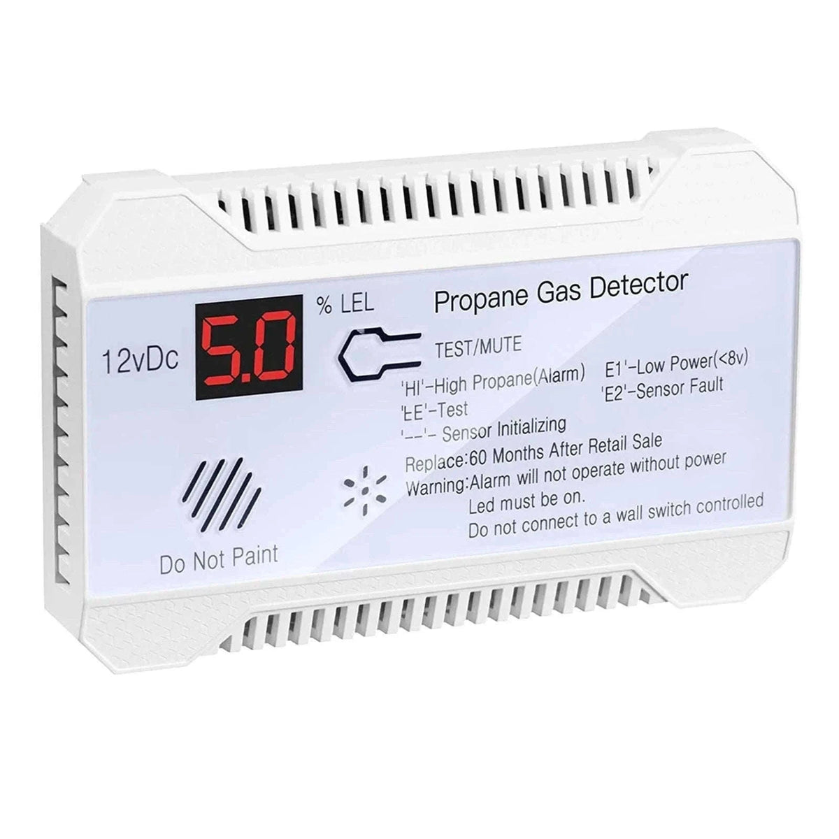 RV Propane Gas Detector 85dB Alarm DC 12V Compact Design-White