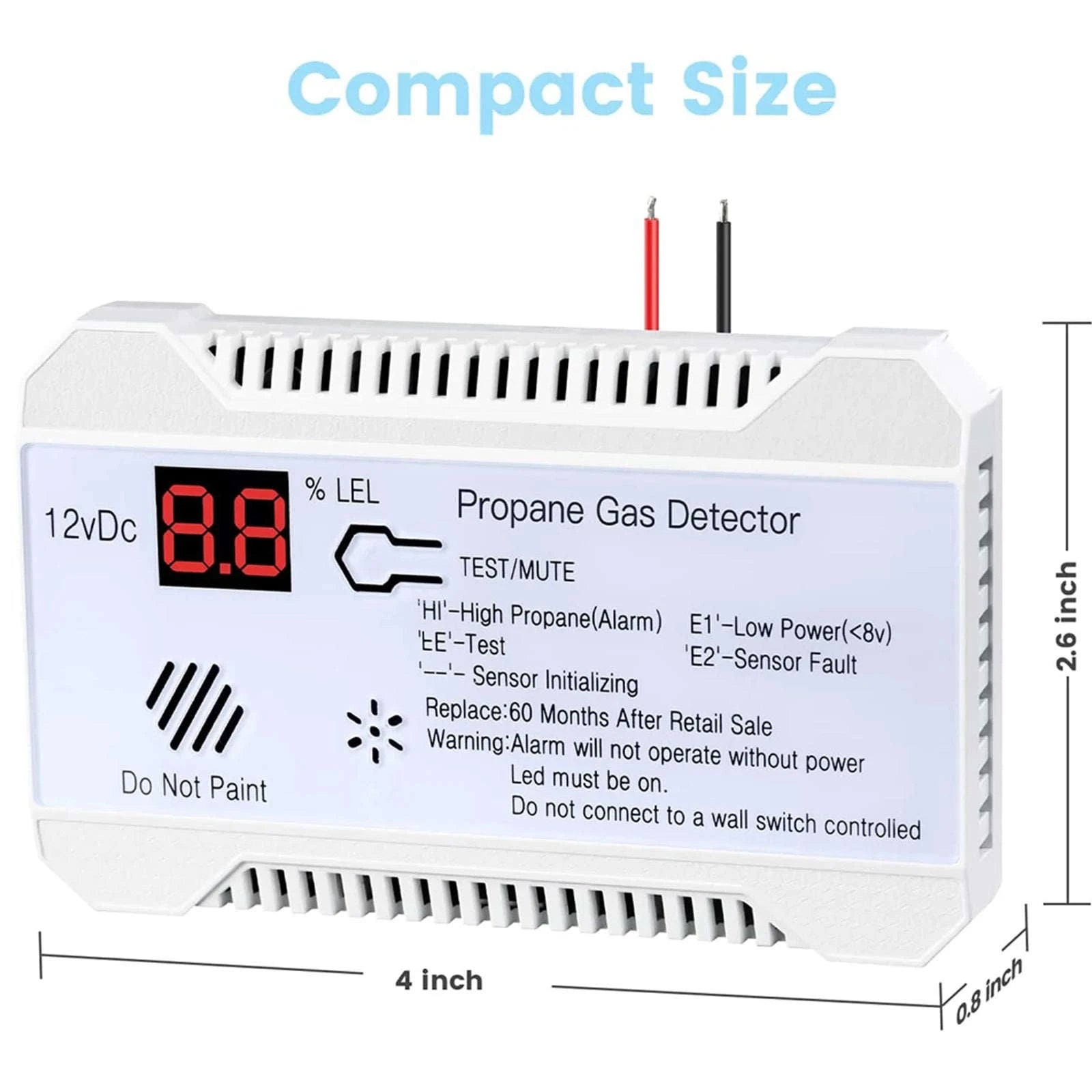 RV Propane Gas Detector 85dB Alarm DC 12V Compact Design-White